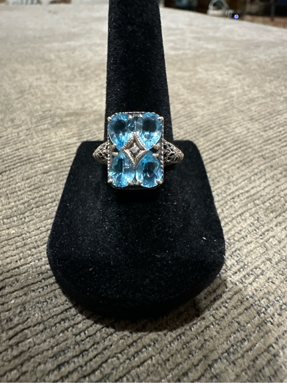 Vintage Art Deco Style Blue Topaz/aquamarine Tone Stmt Ring Silver Tone Sz 7